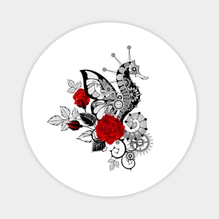 Mechanical seahorse with red roses Magnet